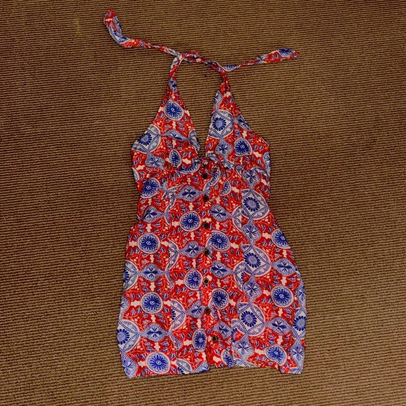 Anthropology blue and orange patterned mini dress with halter tie top - Picture 1 of 5